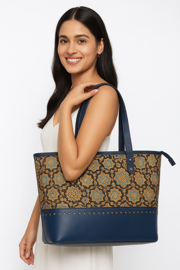 mughal motif genuine leather & canvas tote bag – midnight blue