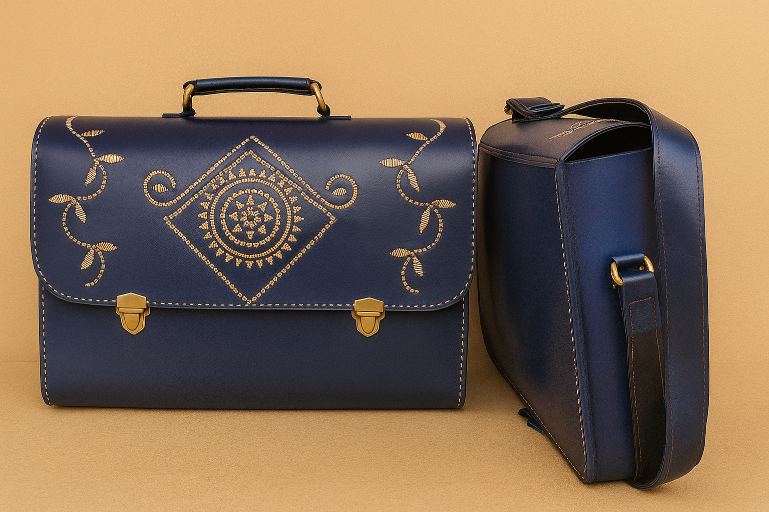 genuine leather navy blue embroidered briefcase bag