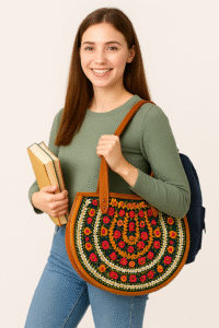 handcrafted half moon leather tote bag with embroidery