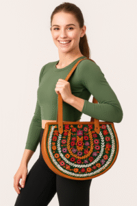 handcrafted half moon leather tote bag with embroidery