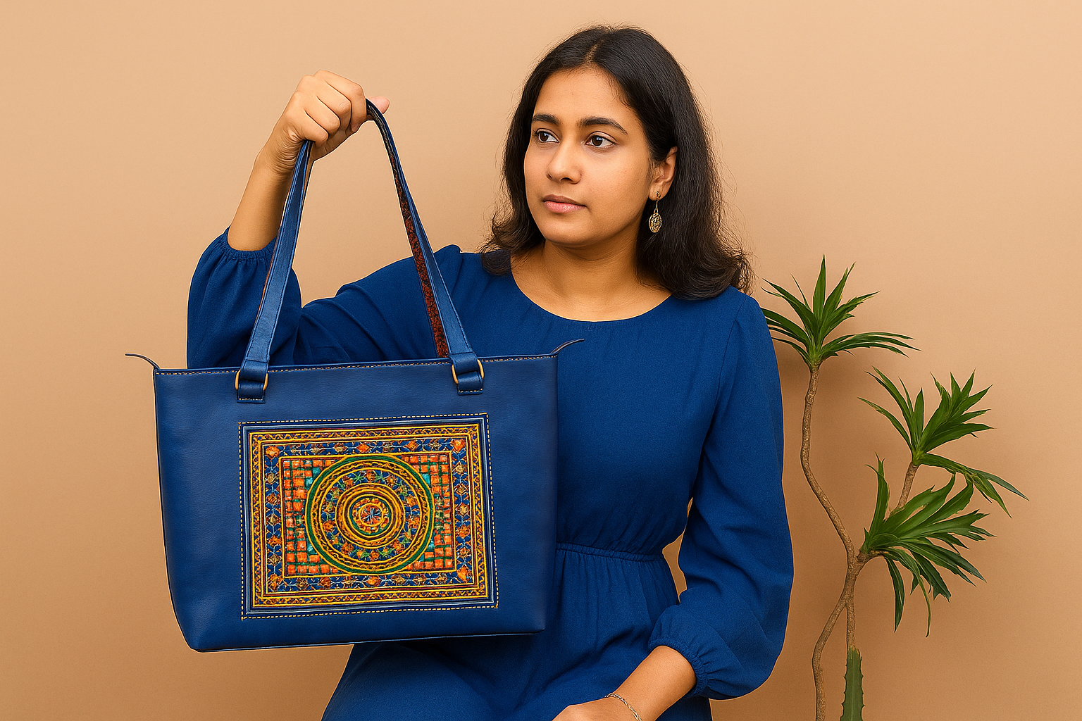 handcrafted blue leather tote bag with embroidery