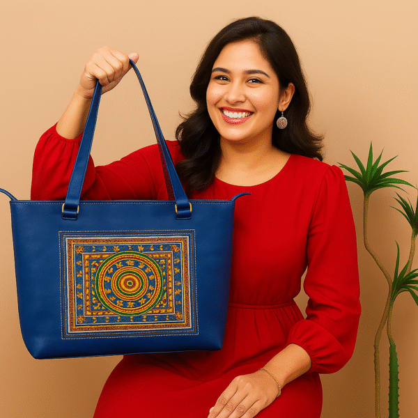 genuine leather navy blue embroidered briefcase bag