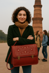 genuine leather red embroidered shoulder briefcase bag