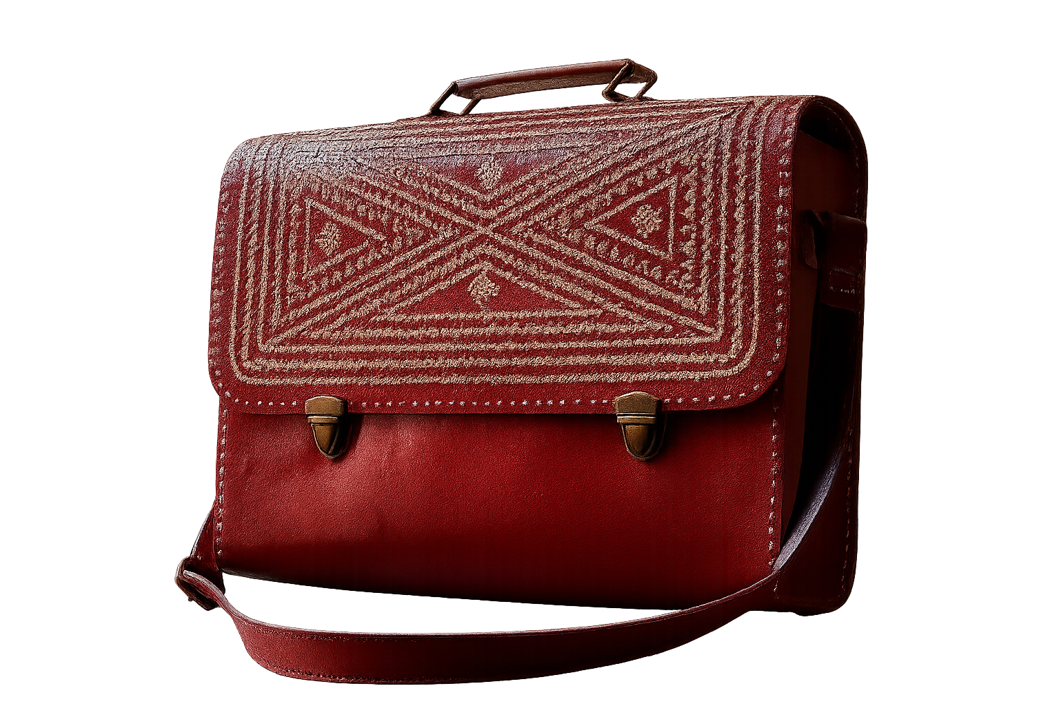 genuine leather red embroidered shoulder briefcase bag