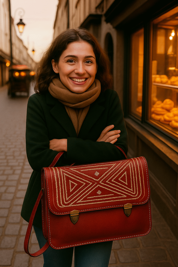 genuine leather red embroidered shoulder briefcase bag