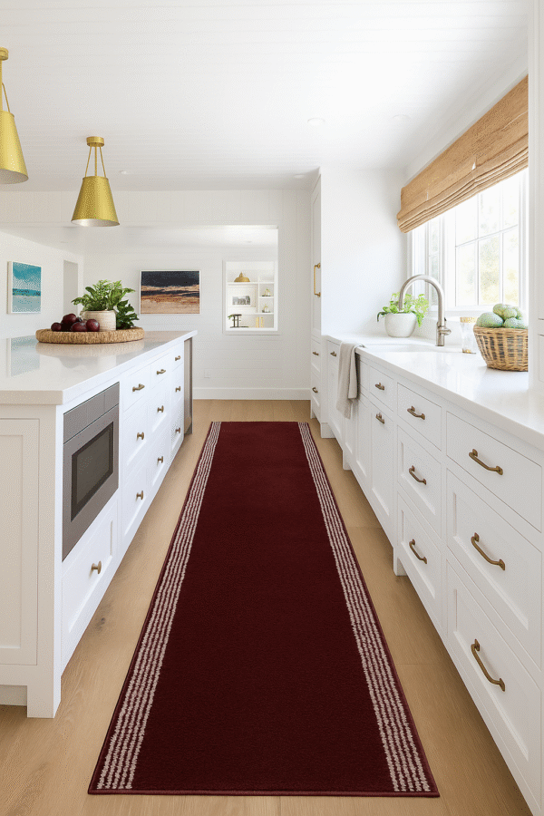 classic maroon kitchen runner rug with minimal border design
