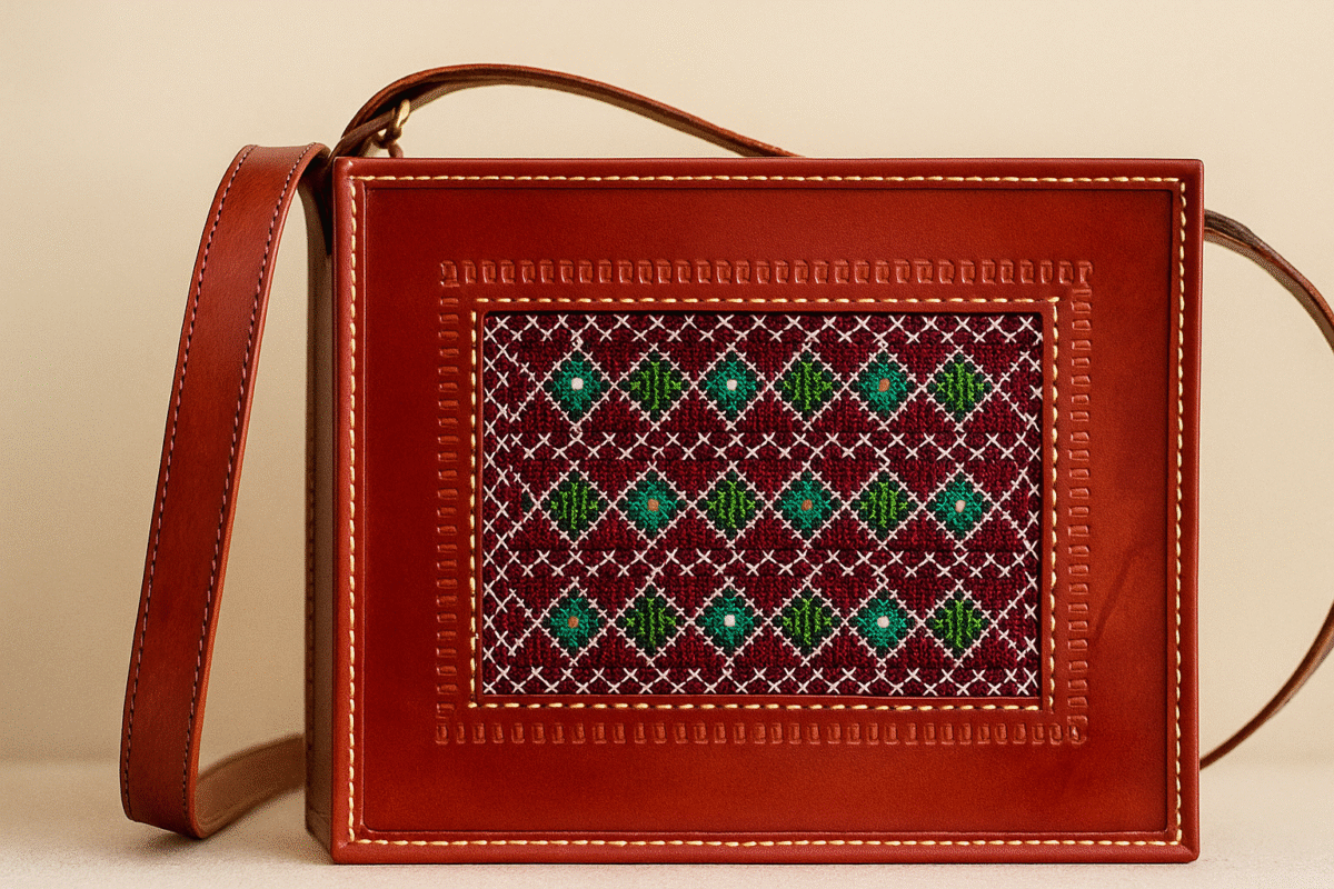 handcrafted genuine leather embroidered crossbody bag